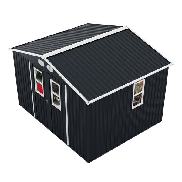 English Elm Outdoor Metal Storage Shed 8x10 with Four Windows Lockable Doors Waterproof Steel W1598S00038