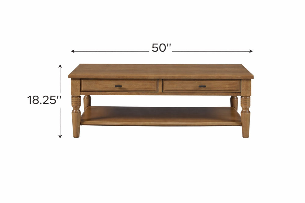 English Elm Drawer Cocktail Table Hickory Veneer Wood with Turned Legs Open Shelf Living Room Almond B2699P443215