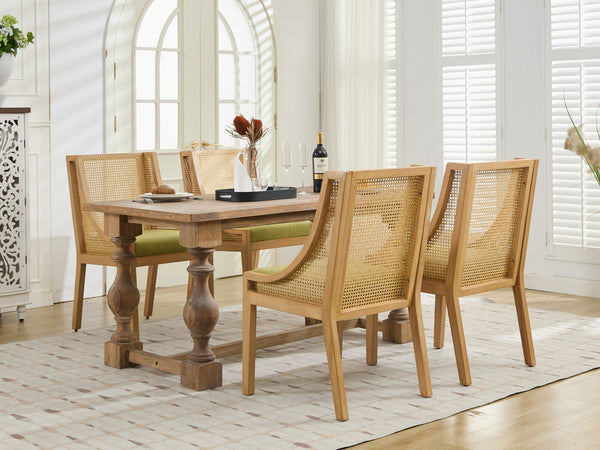 English Elm Rattan Solid Wood Dining Chair with Linen Seat and Decorative Armrests, Rustic Natural Finish Olive Green W1143P335054