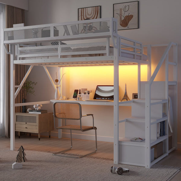 English Elm Full Loft Bed with Desk and Charging Station, Metal Loft with Stairs, Wardrobe, Shelves & Light White W2580S00046