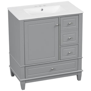 English Elm Christopher Knight Home® - 30" Freestanding Bathroom Vanity with Ceramic Sink, Soft-Close Door, Gold Knobs & 3 Drawers, Durable Painted Finish Grey N759P225994E