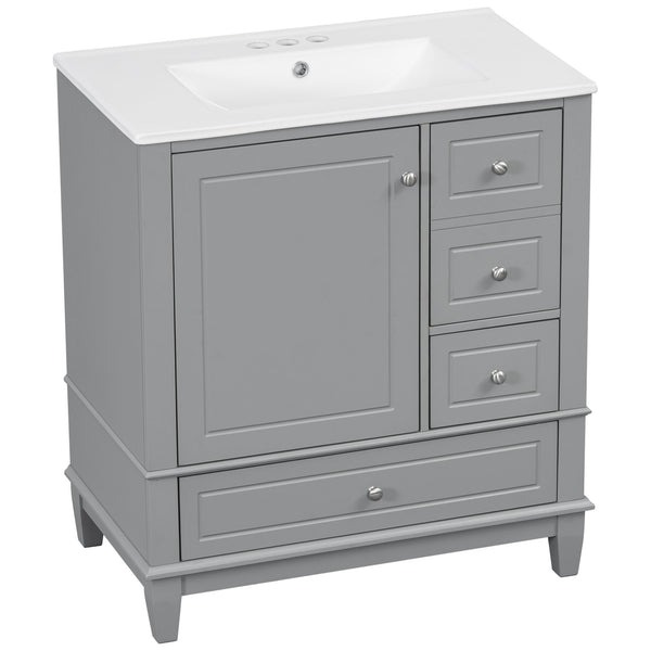 English Elm Christopher Knight Home® - 30" Freestanding Bathroom Vanity with Ceramic Sink, Soft-Close Door, Gold Knobs & 3 Drawers, Durable Painted Finish Grey N759P225994E