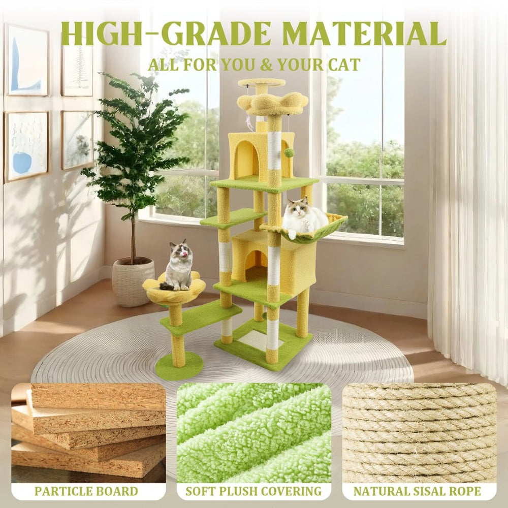 English Elm 71 Inch Floral Cat Tower with Condo Hammock Sisal Posts and Plush Perches for Large Breeds Yellow W243P326629