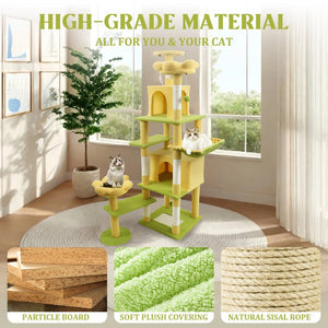 English Elm 71 Inch Floral Cat Tower with Condo Hammock Sisal Posts and Plush Perches for Large Breeds Yellow W243P326629