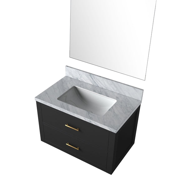 English Elm Black Single Bath Vanity With Carrara Marble Countertop & Mirror - Modern Space-Saving Elegance B2731S01428