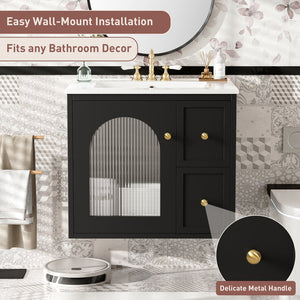 English Elm 24" Modern Wall-Mount Bathroom Vanity with Ceramic Sink, Glass Door Cabinet, 2 Drawers, Soft-Close Black N710P286704B