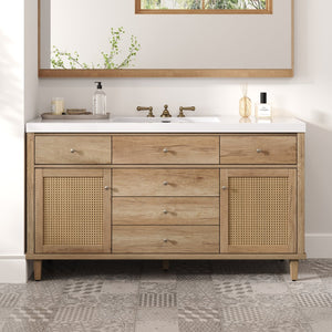 English Elm 60" Boutique Bathroom Vanity Rattan Doors Soft Close Drawers Smc Sink Pine Legs Natural Wood N817P397678N