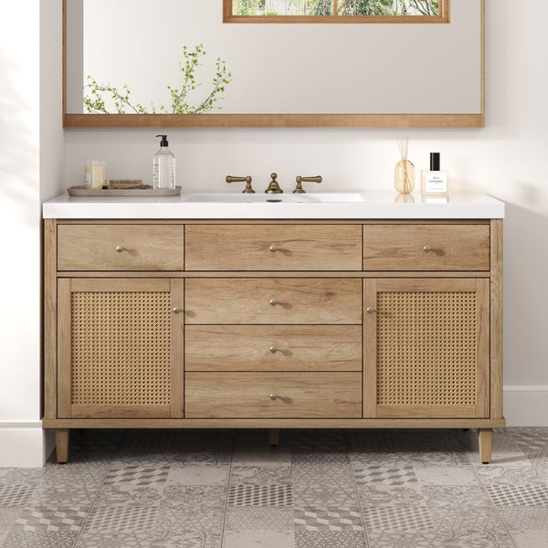English Elm 60" Boutique Bathroom Vanity Rattan Doors Soft Close Drawers Smc Sink Pine Legs Natural Wood N817P397678N