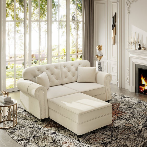 English Elm 63"upholstered Velvet Loveseat with Tufted Back Nailhead Arms Chesterfield Living Room Beige White W1885S00379