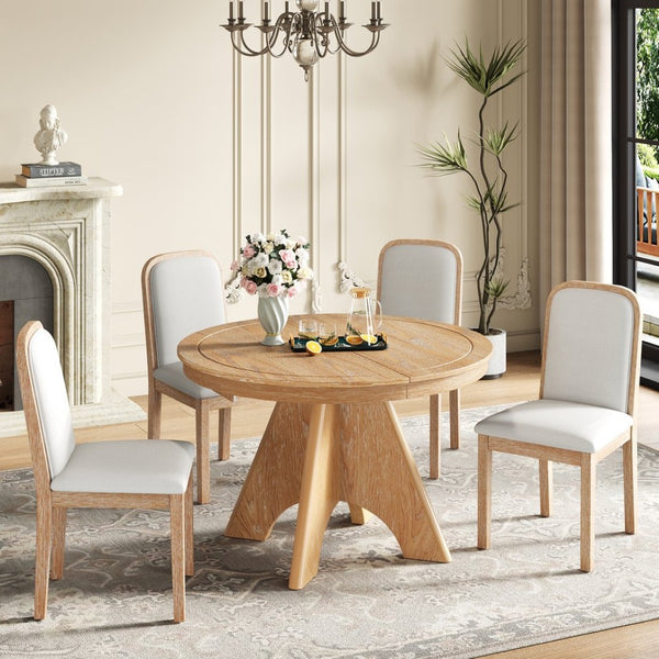 English Elm Trexm Rustic Farmhouse Extendable Dining Set Seats Six with Upholstered Rubberwood Chairs Natural Wood Wash ST000152AAD