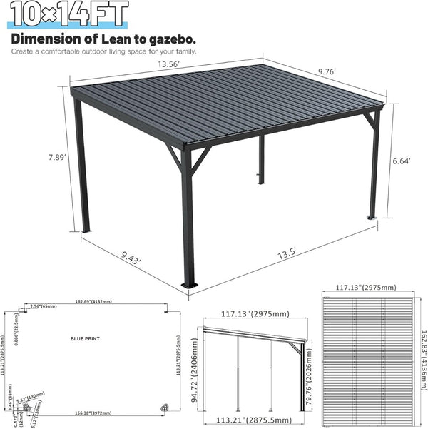 English Elm 10x14ft Lean to Hardtop Gazebo Wall Mounted Steel Roof Shelter for Deck Porch Gray W1859S00195