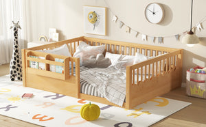 English Elm Twin Low Profile Kids Floor Bed Pine Wood Frame with Safety Rail and Built in Bookshelf Natural W1580P373141