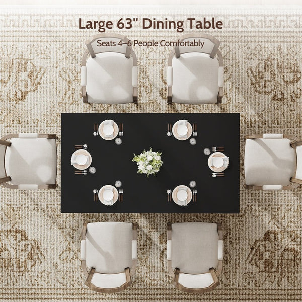 English Elm 63" Rectangular Matte Black Dining Table Pedestal Base with Shelves Seats Six White+Black T5618P448241