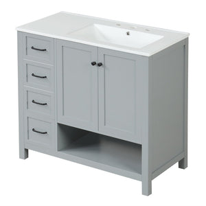 English Elm 36" Freestanding Bathroom Vanity Solid Wood Mdf Cabinet Ceramic Undermount Sink Open Shelf Grey N725P364203E
