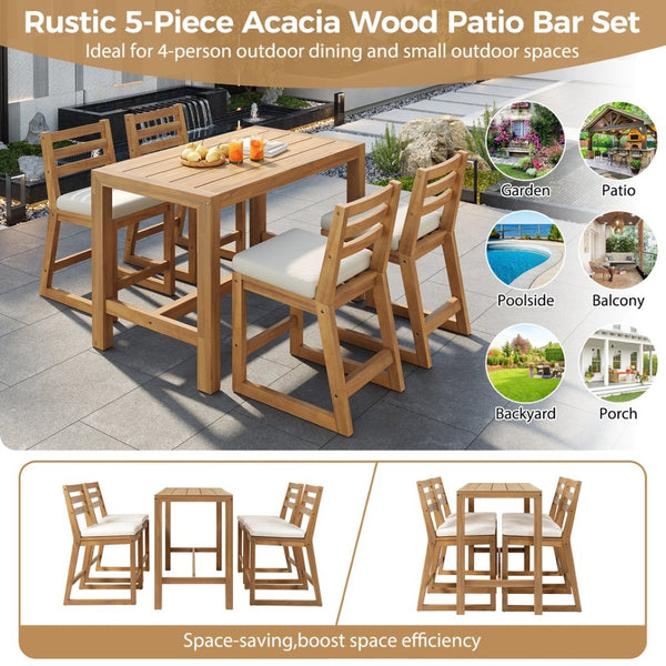 English Elm Trexm Solid Acacia Outdoor Bar Set Five Piece Rustic Slatted Counter Height Patio Light Teak TM000029AAD