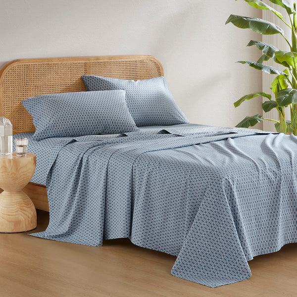 JLA Home 510 Design - Printed Cotton Sheets – 100% Cotton 144TC Lightweight Set with Deep 16" Pocket, Oeko‑Tex Certified Comfort and Stylish Printed Pattern Diamond Blue AM20-0478