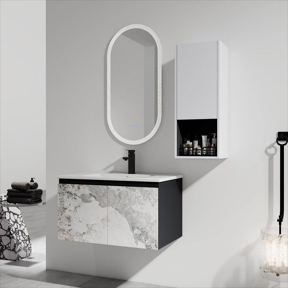 English Elm 30" Wall-Mounted Bathroom Vanity Set With Ceramic Sink, Soft-Close Doors & Ample Storage Solution W999S00331