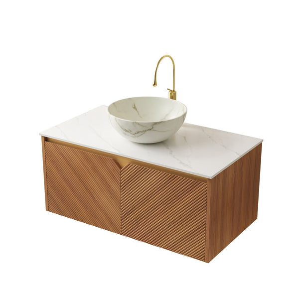 English Elm Dina Floating Bathroom Vanity Sintered Stone Top Glass Basin Striped Plywood Cabinet W2615S00579