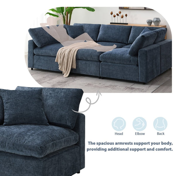 English Elm [new Sku] Chenille Modular Sectional Sleeper Sofa with Ottoman Six Seat U Shape Living Room Dark Blue N723S8583K