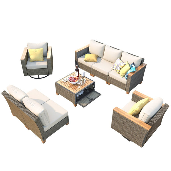 English Elm K&k 8 Piece Outdoor Wicker Sectional Set with Swivel Rockers and Acacia Storage Table Beige+Brown N707S005016Z
