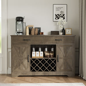 English Elm Coffee Bar Buffet Sideboard with Wine Rack Stemware Holder and Drawers in Oak Gray T3773P417369