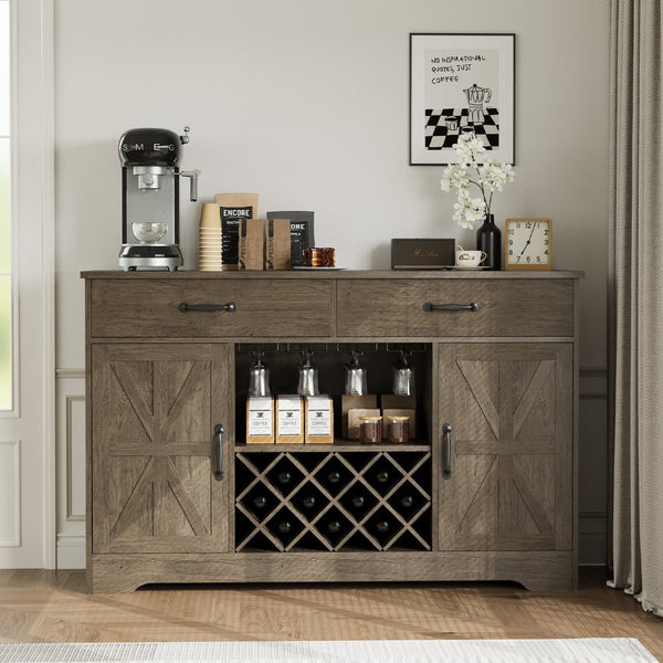 English Elm Coffee Bar Buffet Sideboard with Wine Rack Stemware Holder and Drawers in Oak Gray T3773P417369
