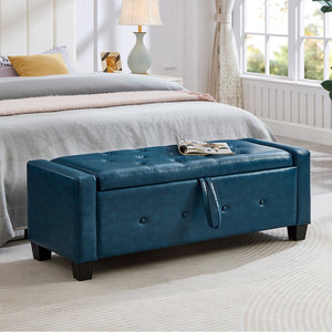 English Elm 48" Storage Ottoman Bench with Tufted Faux Leather Upholstery, Solid Wood Frame & 300lb Capacity Blue W1097P338780