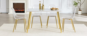 English Elm Table and Chair Set Marble Glass Top Gold Legs Four Seat Dining for Small Spaces Transparent,White+Gold W1151S04638