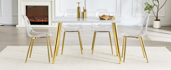 English Elm Table and Chair Set Marble Glass Top Gold Legs Four Seat Dining for Small Spaces Transparent,White+Gold W1151S04638