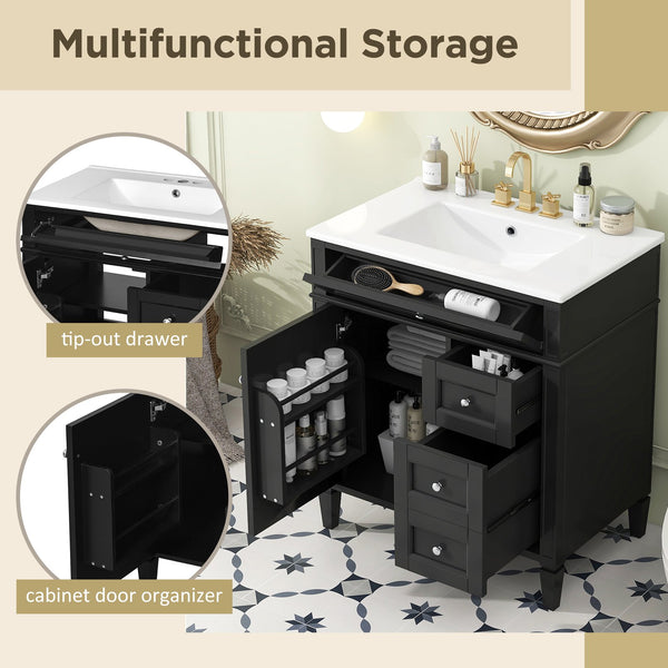 English Elm 30'' Modern Bathroom Vanity With Ceramic Sink, 2 Drawers & Tip-Out Storage For Stylish Organization N710P250194B