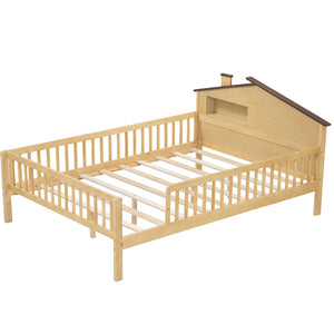 English Elm Full Full Size Wood Platform Bed with House Headboard, LED Lights & Built-In Storage, Natural Finish N709P184430M