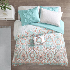 JLA Home Intelligent Design - Boho Vinnie Comforter Set with Sheets – Aqua & Orange Global Print, OEKO-TEX, Antimicrobial Freshness 90 L x 90 W x 1H ID10-1563