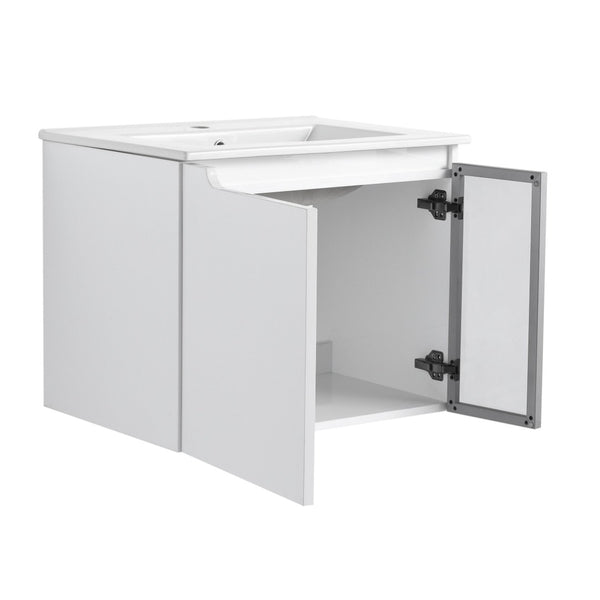 English Elm 24" Floating Bathroom Vanity Glossy White Plywood Cabinet Ceramic Sink Soft Close W999S00523