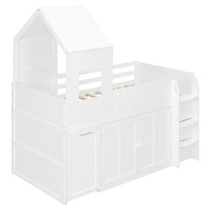 English Elm Twin House Loft Bed with Pull Out Rolling Desk Stair Drawers and Cabinet Storage White N820S00072K