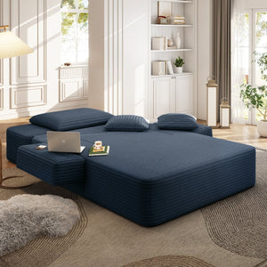 English Elm Luxurious Corduroy Convertible Chaise Lounge Sofa Bed with Storage and Coil Spring Foam Blue W3219P483087