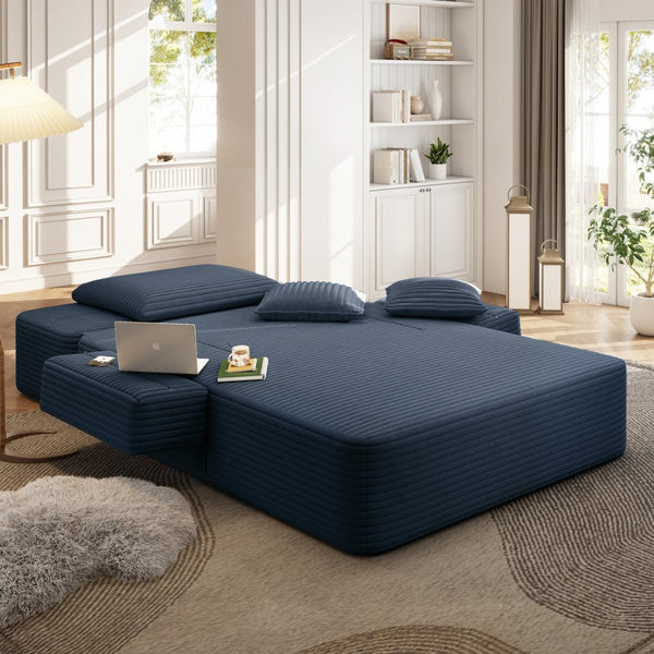 English Elm Luxurious Corduroy Convertible Chaise Lounge Sofa Bed with Storage and Coil Spring Foam Blue W3219P483087