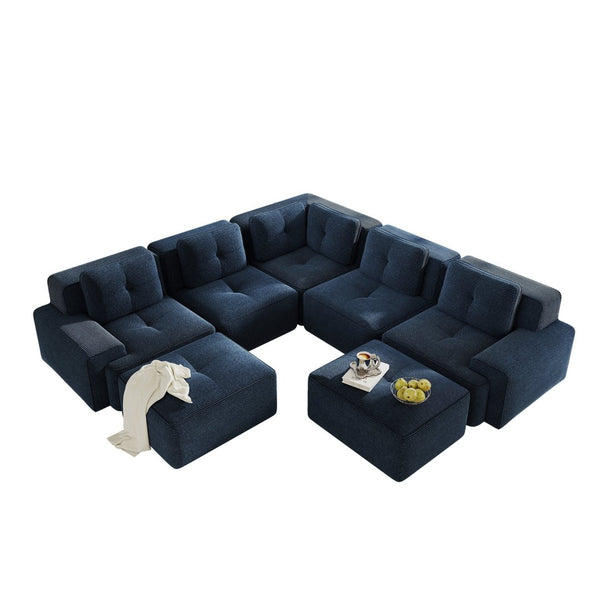 English Elm Modular Corduroy Sectional Sofa V Shaped 5 Seat Living Room Couch with Ottoman Blue W714S01580