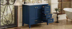 English Elm 36" Solid Pine Bathroom Vanity with Ceramic Sink 4 Soft Close Drawers Vintage Style Blue N759S293646C