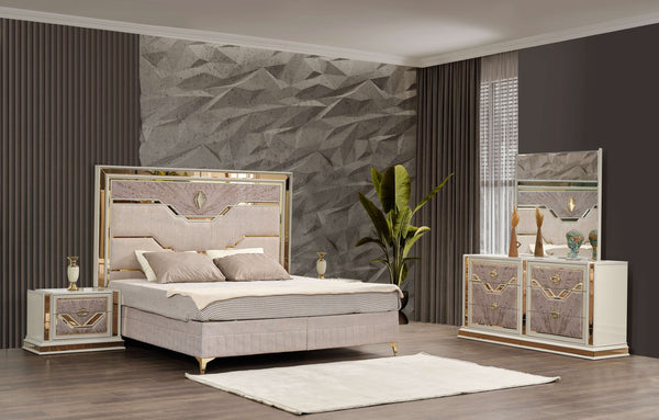 English Elm Omari Modern 4-Pc King Bedroom Set With Upholstered Bed, Gold Accents, And Stylish Storage Solutions B009S01397-GIGA