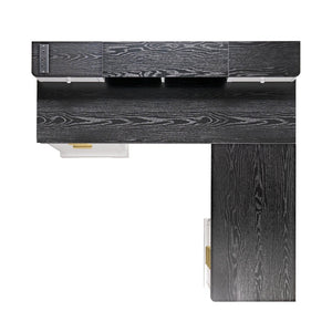 English Elm 59" Fluted Oak L-shaped Corner Desk with Charging Station Monitor Stand and File Storage White W2917S00004
