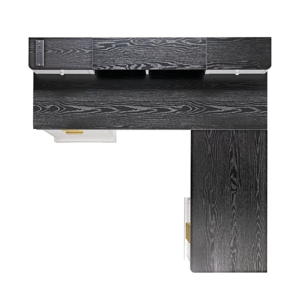 English Elm 59" Fluted Oak L-shaped Corner Desk with Charging Station Monitor Stand and File Storage White W2917S00004