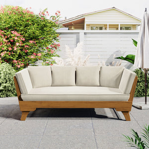 English Elm Christopher Knight Home® - Outdoor Acacia Daybed Sofa with Foldable Arms, Rust‑Resistant Teak Frame & UV‑Proof Beige Cushions N779P249303T
