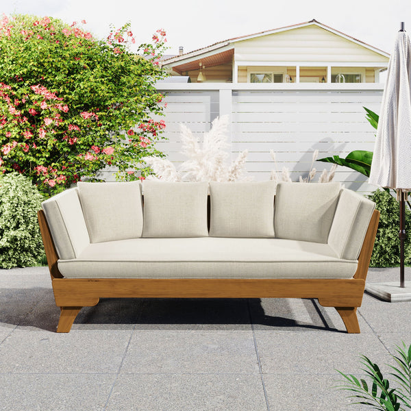 English Elm Christopher Knight Home® - Outdoor Acacia Daybed Sofa with Foldable Arms, Rust‑Resistant Teak Frame & UV‑Proof Beige Cushions N779P249303T