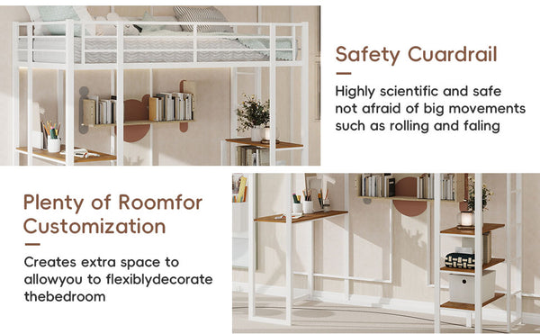 English Elm Iron framed bunk bed with L-shaped study desk and dual-side stairs, space-saving durable design White W1935P330796