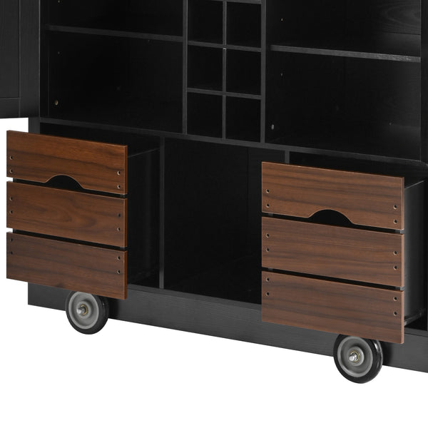 English Elm K&K 54" Farmhouse Kitchen Island Cart with Drop Leaf, Wine Rack, Power Outlet and Rolling Storage Black N707P349814B