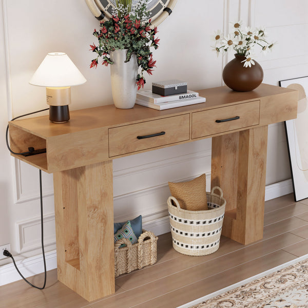English Elm 63-Inch Farmhouse Console Table — 63" Long Sturdy Engineered MDF Entryway Sofa Hallway Display Surface Wood W1550P317441