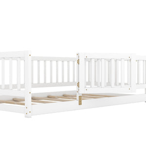 English Elm Twin Montessori Pine Floor Bed with Perimeter Fence Door and Slatted Base for Kids W1820P399071