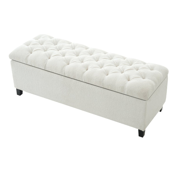 English Elm Ottoman Storage Bench Boucle Tufted Upholstered with Rubberwood Legs Bedroom Entryway N779P369512W