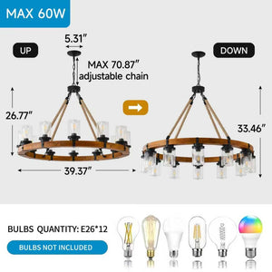 English Elm 12-light Wagon Wheel Chandelier Solid Wood Frame Seeded Glass Farmhouse Pendant W5008P390674
