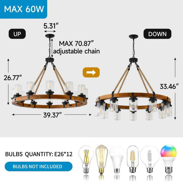 English Elm 12-light Wagon Wheel Chandelier Solid Wood Frame Seeded Glass Farmhouse Pendant W5008P390674